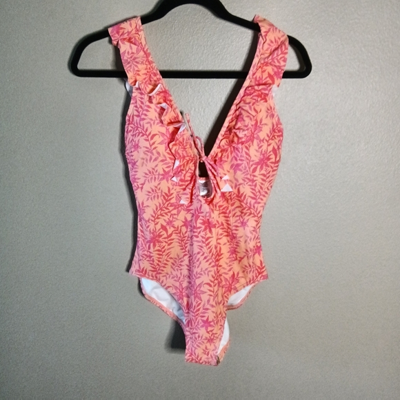 LOFT Beach Ruffled One Piece Swimsuit Orange Floral Print V-Neck Size M NWT - Picture 1 of 10